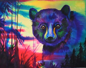 Black Bear Watercolor Painting, Sunset Forest Art (16x20)