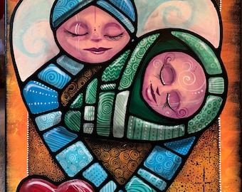Angel Mama and Baby Acrylic Painting, 16x20 Canvas Art