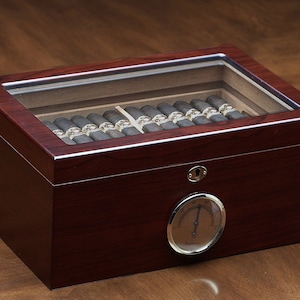 Cigar Humidor, Cigar Box Glass Top Humidor Gift For Him Cherry Finish