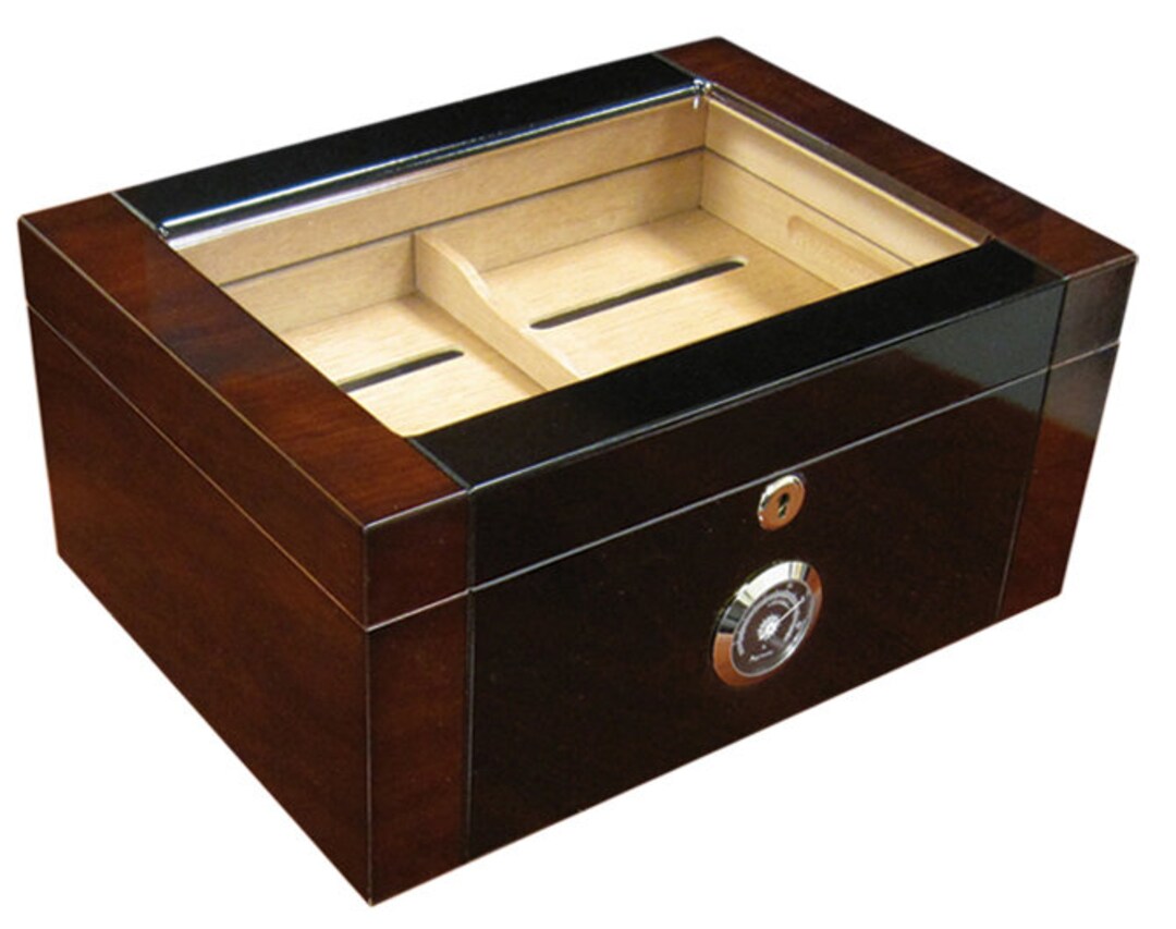 Cigar Humidor, Two Tone Dark Mahogany & Black Lacquer Finish Wooden