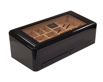 Cigar Humidor, Black with Slide & Lock Dividers Storage 150 Cigars Holder Box Cigar Gift Set