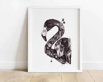 May include: A black and white line drawing of a flamingo with intricate details. The flamingo's body is filled with patterns and textures, creating a unique and artistic design.