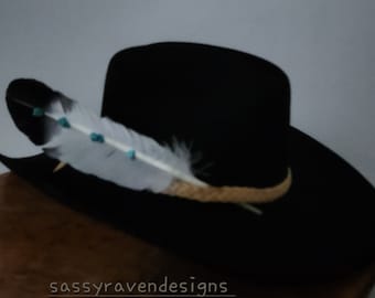 Hand Painted Eagle Feather with Sewn On Turquoise Stone Chips Buckskin Use as Hat Feathers  or Smudge Feather