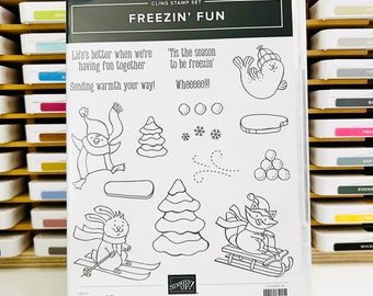 RARE Freezin Fun Stampin Up Bundle | Cling Stamp Set | Christmas Stamp Set | Holiday Stamp Set | Penguin Stamps | Christmas Tree Stamps