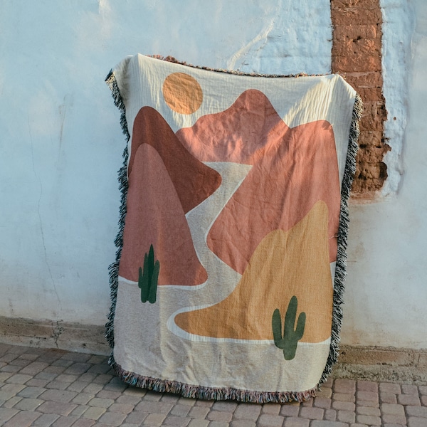 Large Woven Throw Blanket - Desert Road with Cactus - Southwestern Home Decor - Boho Bohemian Style - Gift