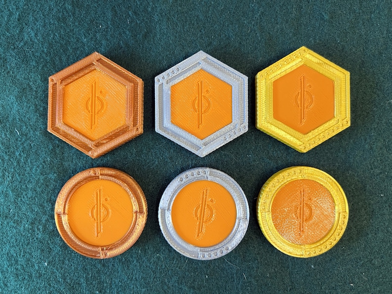 Star Wars Hutt/Halcyon Circle and Hexagon Orange Vertex Casino Chips weighted and double-sided Sample Set (6 chips)