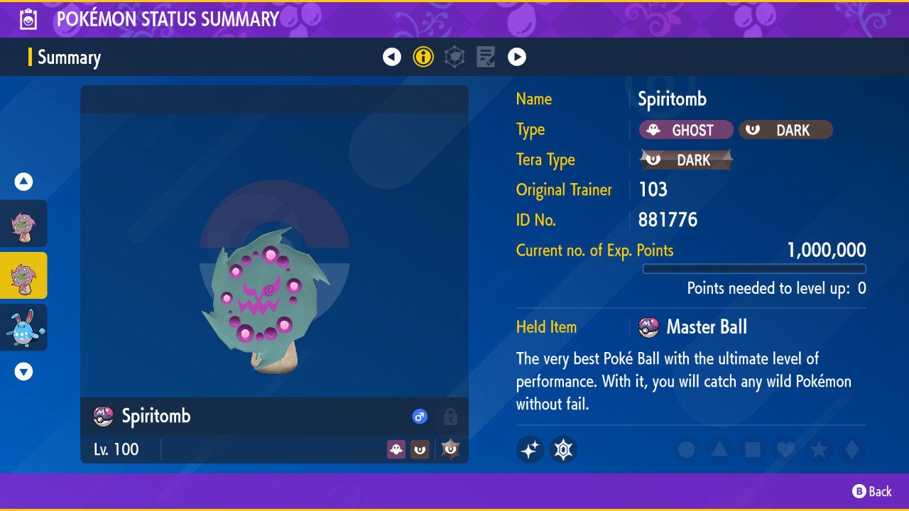 Ultra Square Shiny Spiritomb - 6IV + Max Stats Efforts and All Moves for  Pokemon Sword, Shield, Brilliant Diamond, Shining Pearl, Legends Arceus,  Scarlet, and Violet - elymbmx