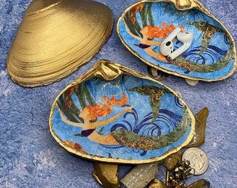 Decoupage Clam Shell Decor, Mermaid Gifts for Her, Blue and Gold Trinket Dish