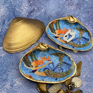 Decoupage Clam Shell Decor, Mermaid Gifts for Her, Blue and Gold Trinket Dish