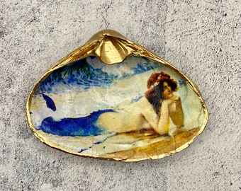 Découpage Clam Shell, Sirena vintage Art Nouveau, Piatto Trinket