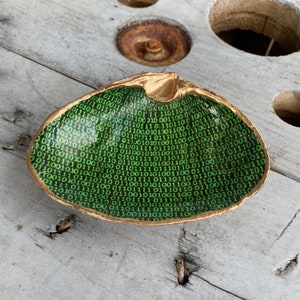 Puede incluir: Concha decorativa con borde dorado. El interior presenta un patrón verde de código binario. Esta pieza única podría usarse como un plato pequeño o un artículo decorativo.