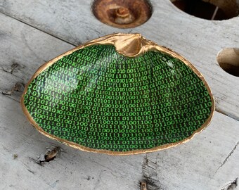 Decoupage Clam Shell Art, Green Binary Code Art, Handmade Ring Dish