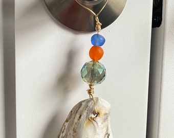 Oyster Shell Beach Charm Mobile, Driftwood Wall Art, White Sea Shell, Driftwood Wind Chimes