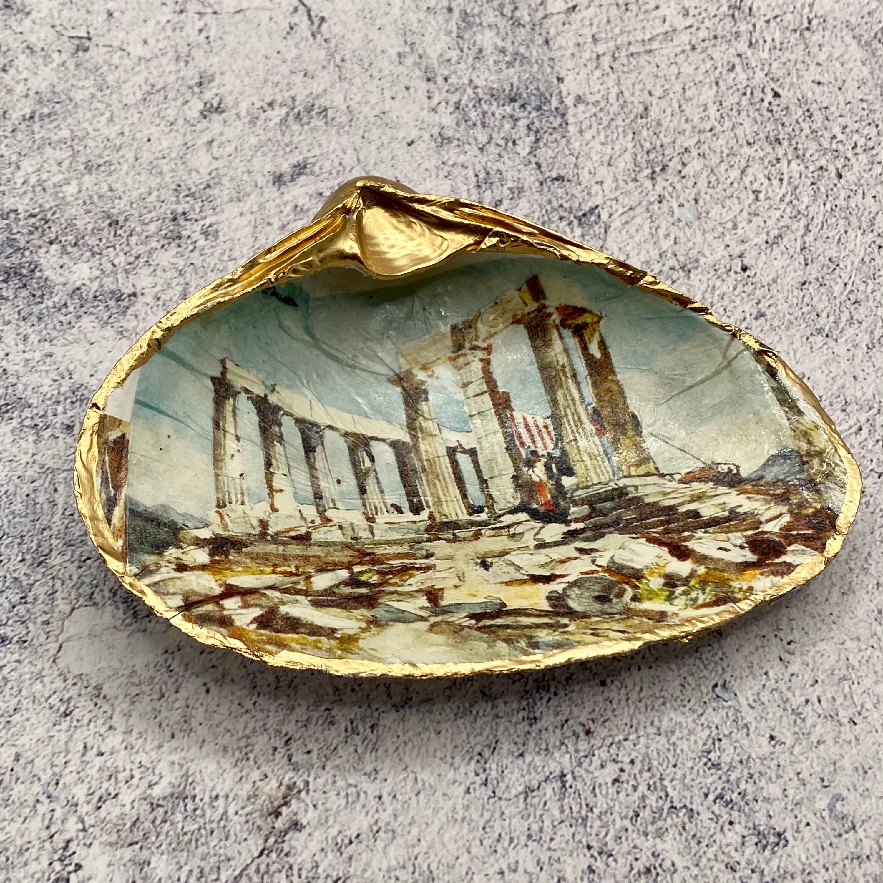 Decoupage Clam Shell Decor, Greek Temple Art, Parthenon, Handmade Ring ...