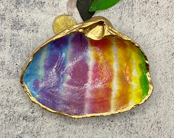 Decoupage Clam Shell, Rainbow Decor, Pride Flag, Trinket Dish