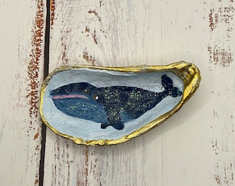 Hand Painted Oyster Shell Decor, Blue Whale, Marine Life, Coastal Art, Trinket Dish