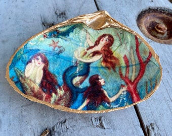 Decoupage Clam Shell Decor, Art Deco Mermaid Starfish Vintage Art, Trinket Dish