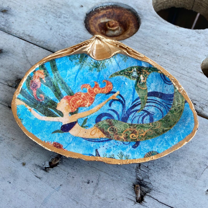 Mermaid Decor Decoupage Shell Art Decoupage Shells Clam Etsy