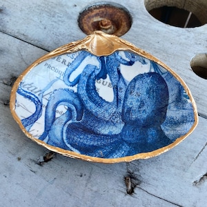 Octopus Decoupage Clam Shell Decor, Blue and White Kraken, Trinket Dish