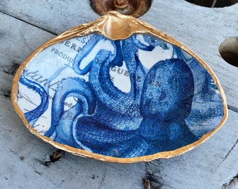 Octopus Decoupage Clam Shell Decor, Blue and White Kraken, Trinket Dish