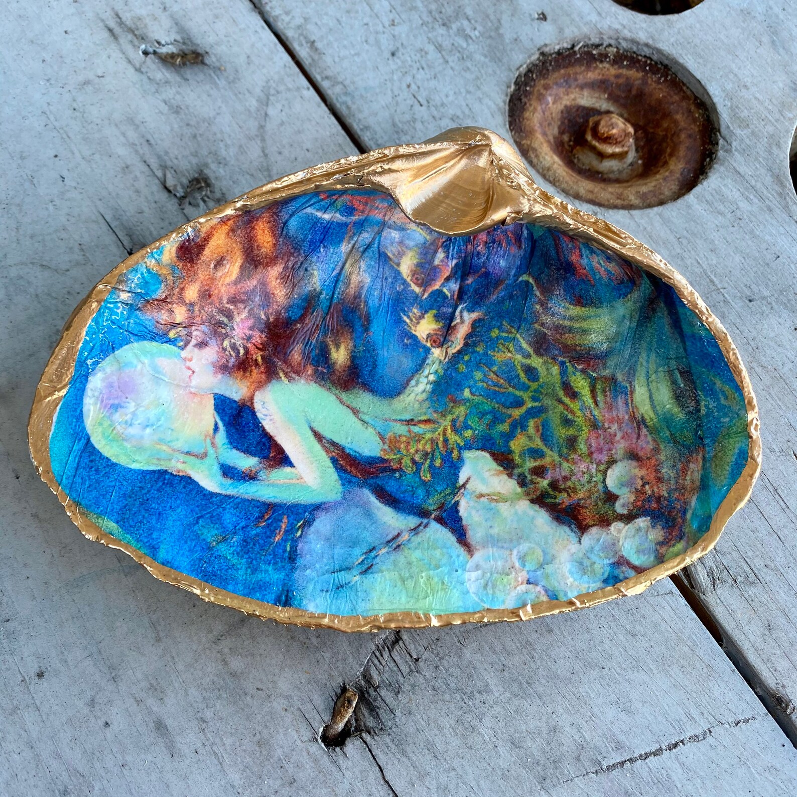 Mermaid Decor Decoupage Shell Art Decoupage Shells Fantasy Etsy