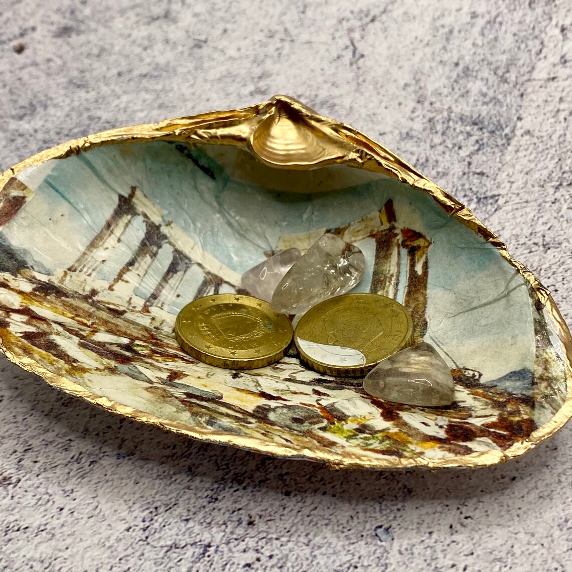 Decoupage Clam Shell Decor, Greek Temple Art, Parthenon, Handmade Ring ...