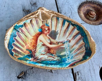 Decoupage Clam Shell Decor, Mermaid  Art Nouveau, Coastal Decor, Trinket Dish