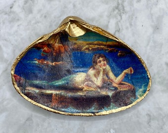 Decoupage Clam Shell Decor, Victorian Mermaid, Pearl Lover, Trinket Dish