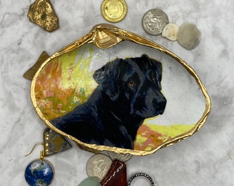 Decoupage Clam Shell Decor, Black Labrador, Dog Lover, Handmade Ring Dish