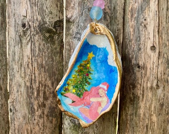 Decoupage Oyster Shell Mermaid Christmas Tree Ornament, Gifts For Her, Handmade Beach Decor, Gold