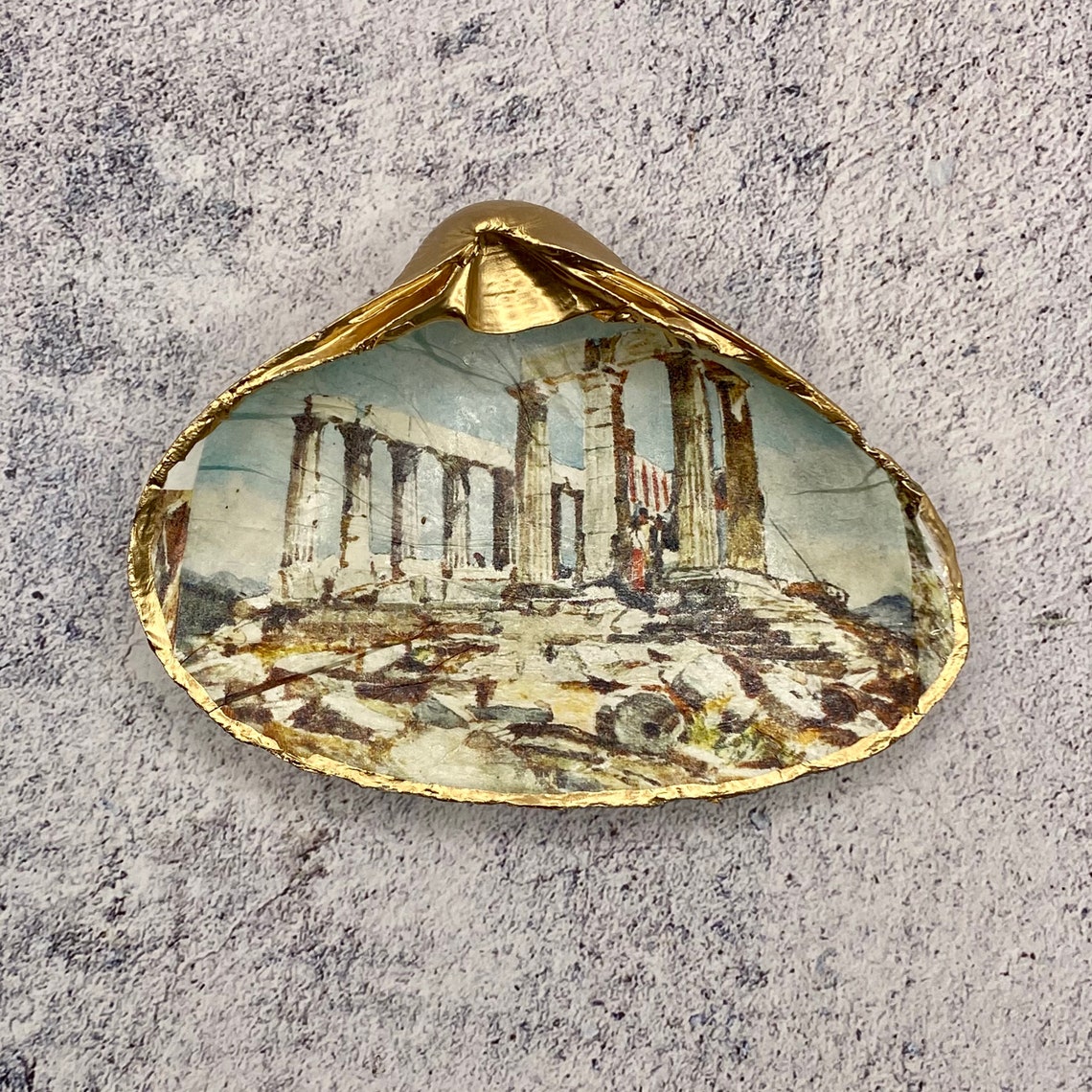 Decoupage Clam Shell Decor, Greek Temple Art, Parthenon, Handmade Ring ...