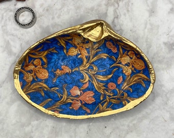 William Morris Decoupage Clam Shell, Blue Gold Floral Print Trinket Dish