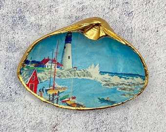 Decoupage Clam Shell Decor, New England Lighthouse, Handmade Trinket Dish