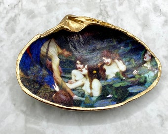 Decoupage Clam Shell Decor, Greek Water Nymphs Goddess of the Sea, Trinket Dish