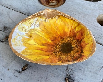 Decoupage Clam Shell, Sunflower Art, Mermaid Gifts, Beach House Decor, Trinket Dish