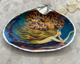 Decoupage Clam Shell Decor, Art Deco Blonde Mermaid, Vintage Fantasy Art, Trinket Dish, Silver