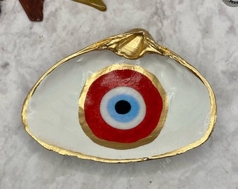 Decoupage Clam Shell Decor, Red Evil Eye Charm, Symbol of Protection, Beach Art, Trinket Dish