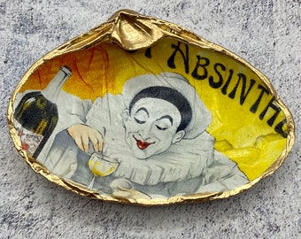 Decoupage Clam Shell Decor, Absinthe Clown Beach Decor, Yellow Ring Dish