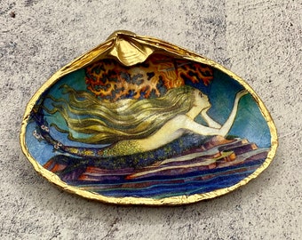 Decoupage Clam Shell Decor, Art Deco Mermaid, Vintage Fantasy Art, Trinket Dish