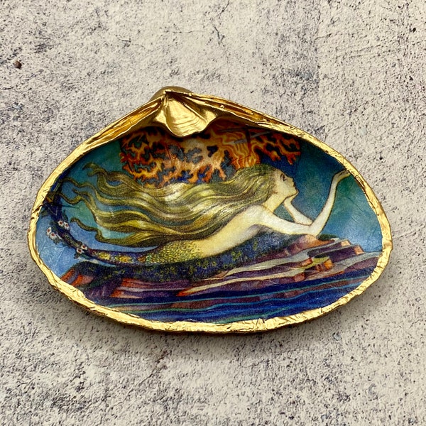 Decoupage Clam Shell Decor, Art Deco Mermaid, Vintage Fantasy Art, Trinket Dish