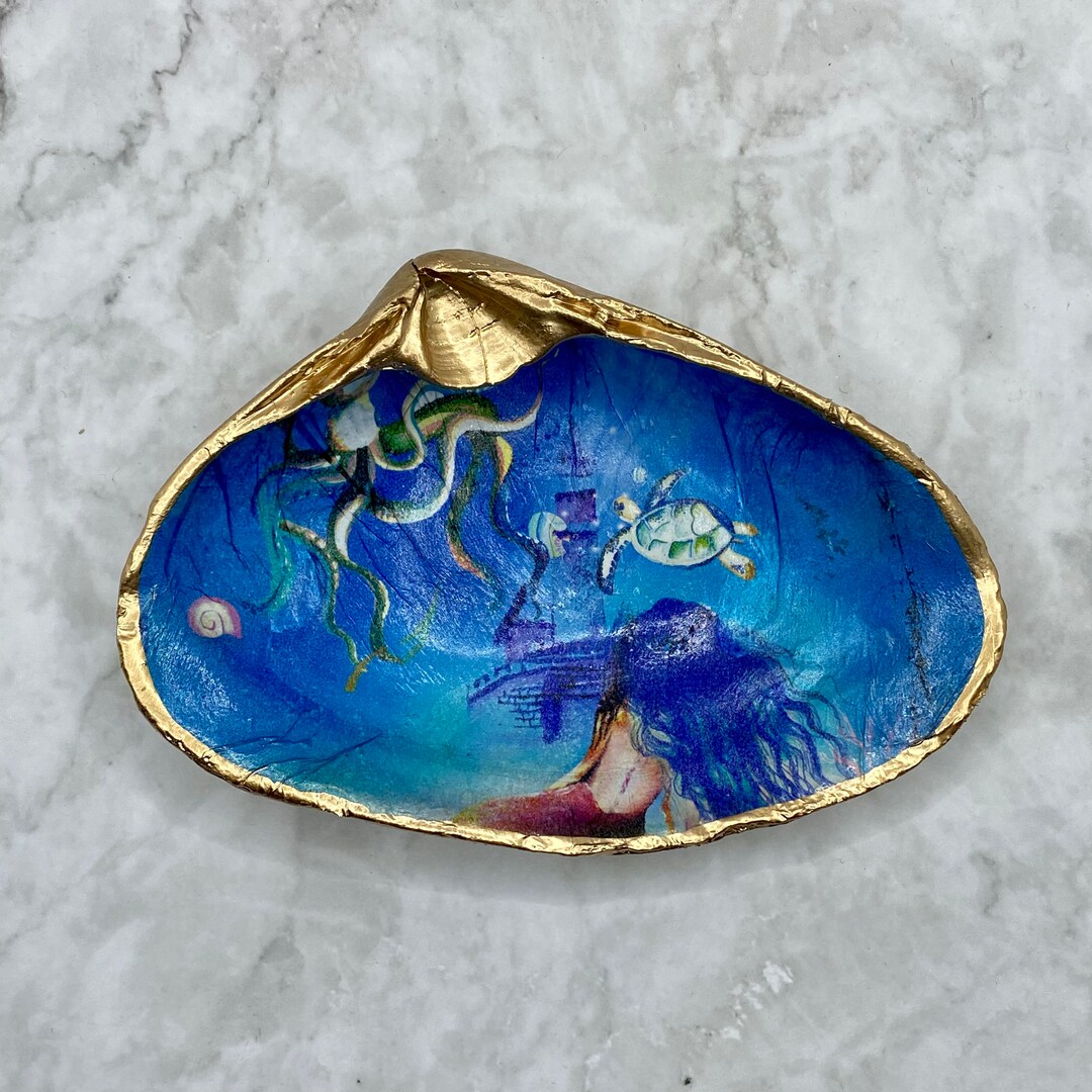 Decoupage Clam Shell Decor, Octopus and Mermaid, Blue Handmade Ring ...