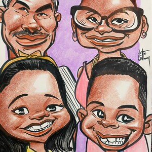 May include: A caricature drawing of a family of four. The parents are smiling and the two children are laughing. The parents are African American and the children are African American. The drawing is done in a cartoon style with exaggerated features.