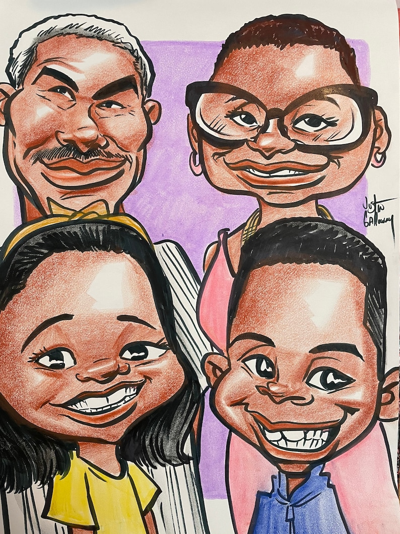 May include: A caricature drawing of a family of four. The parents are smiling and the two children are laughing. The parents are African American and the children are African American. The drawing is done in a cartoon style with exaggerated features.