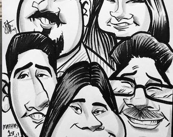 5 Faces Black and White Caricature Portrait