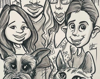 6 Faces Black and White Caricature Portrait