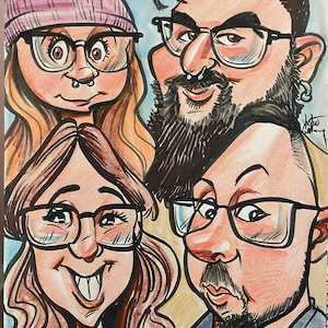 Portrait caricatural en couleur 4 visages