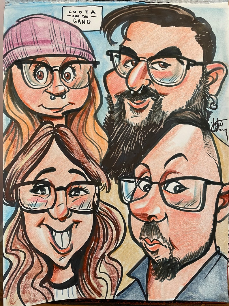 May include: A caricature drawing of four people, two women and two men. The women are wearing glasses and have long brown hair. The men are wearing glasses and have facial hair. The drawing is in a cartoon style and is done in black and white with some color accents. The text "COOTA AND THE GANG" is written at the top of the drawing.