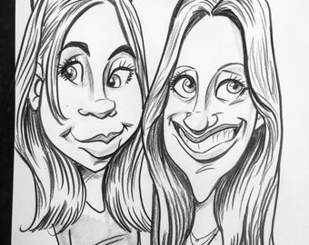 2 Faces Black and White Caricature Portrait