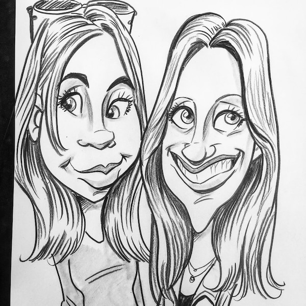 2 Faces Black and White Caricature Portrait