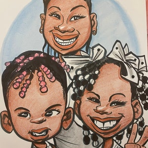 May include: A caricature drawing of three people, a woman and two girls. The woman is wearing a brown bow in her hair and a white shirt. The girls are wearing white dresses with floral patterns. The girl on the left has pink beads in her hair and the girl on the right has a white bow in her hair.